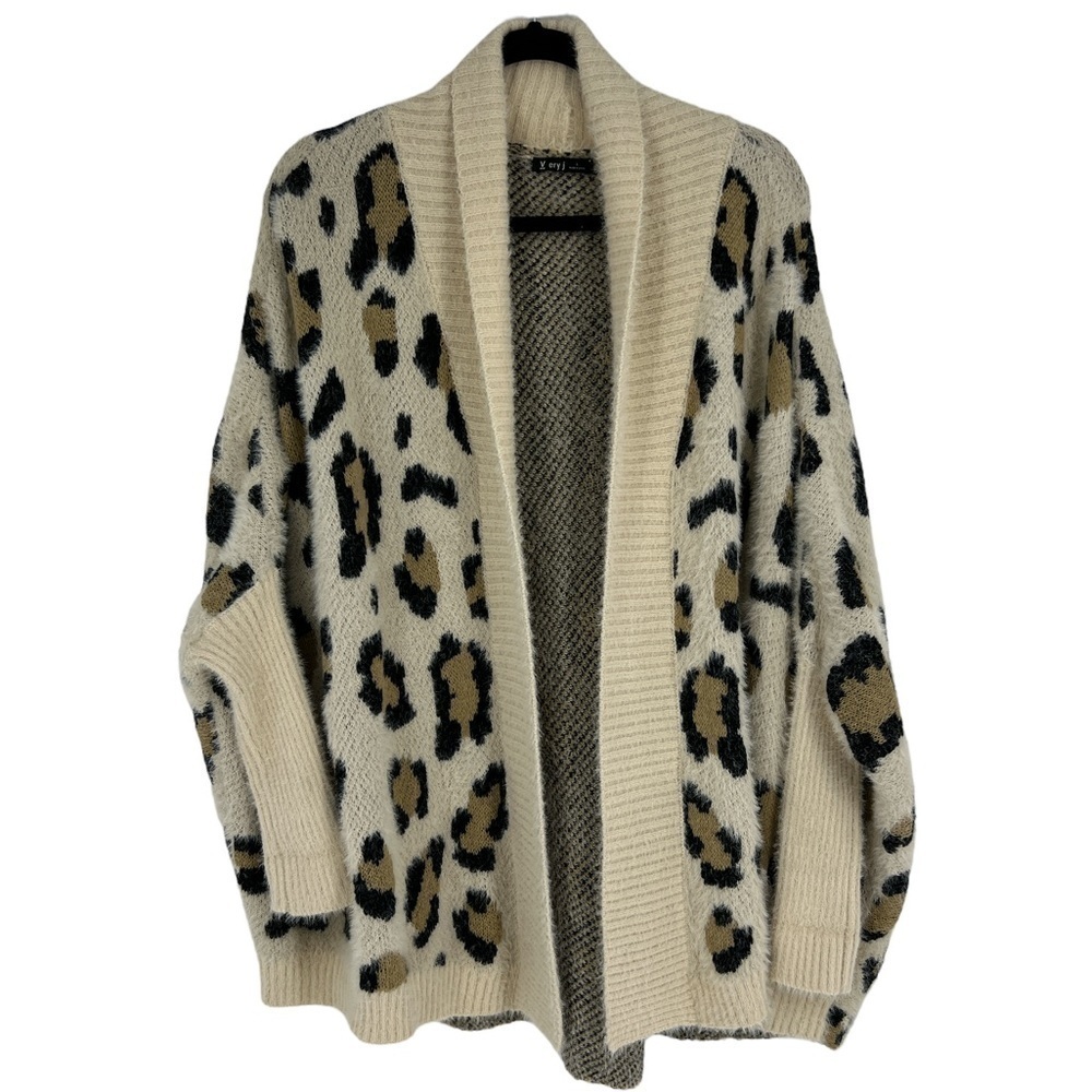 Very J Cream Animal Cheetah Print Knit Drape Cardigan SZ L NEW